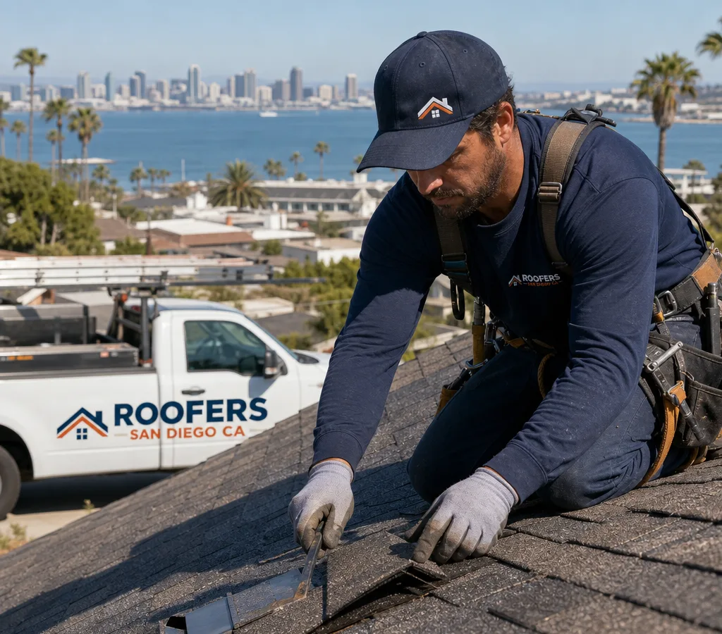 Roofer performing a roof repair on a Southern California home with safety gear and an organized jobsite