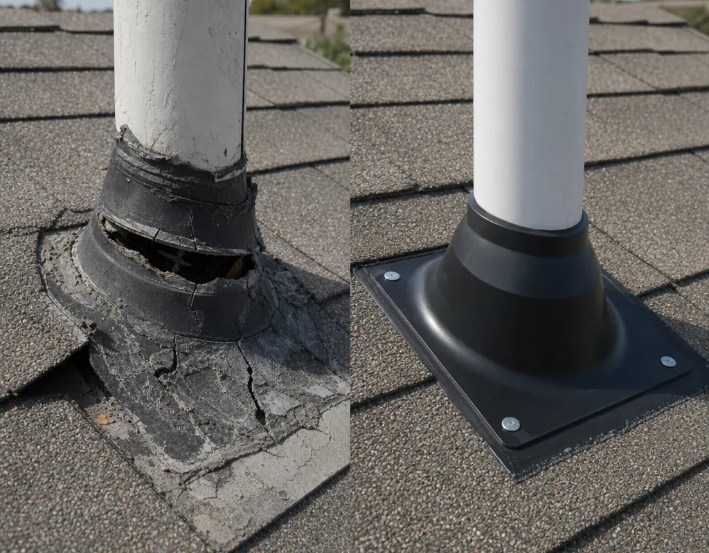 Before and after roof penetration repair with a new boot and correctly integrated flashing