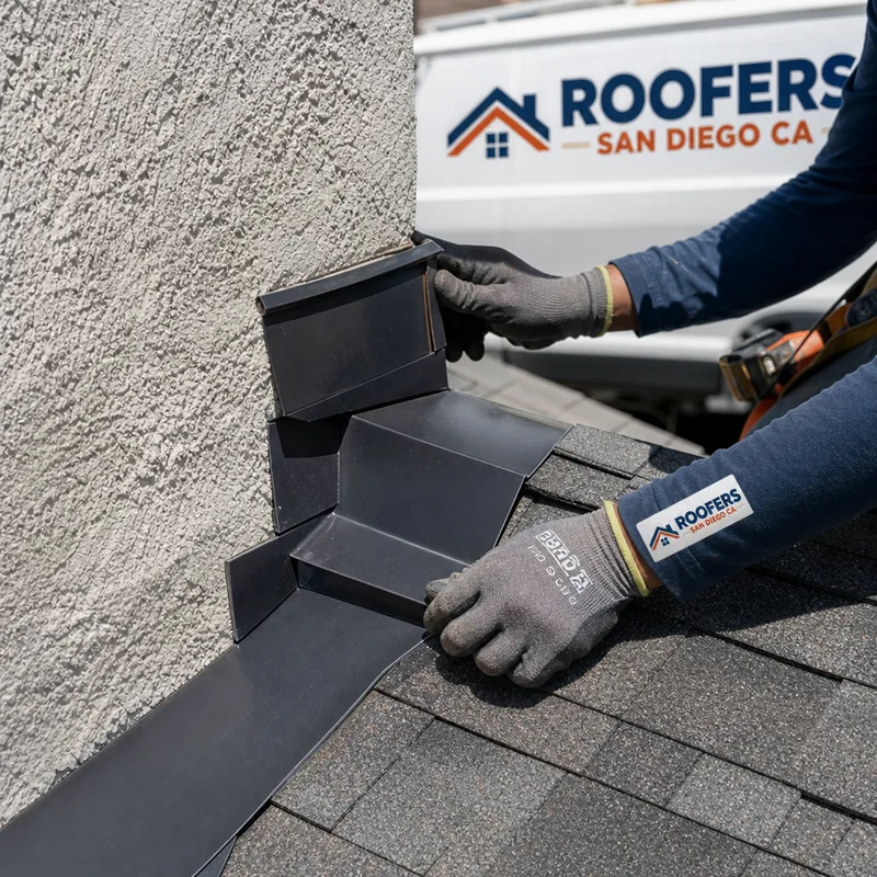 Proper step flashing and counterflashing at a wall and roof intersection on a San Diego home
