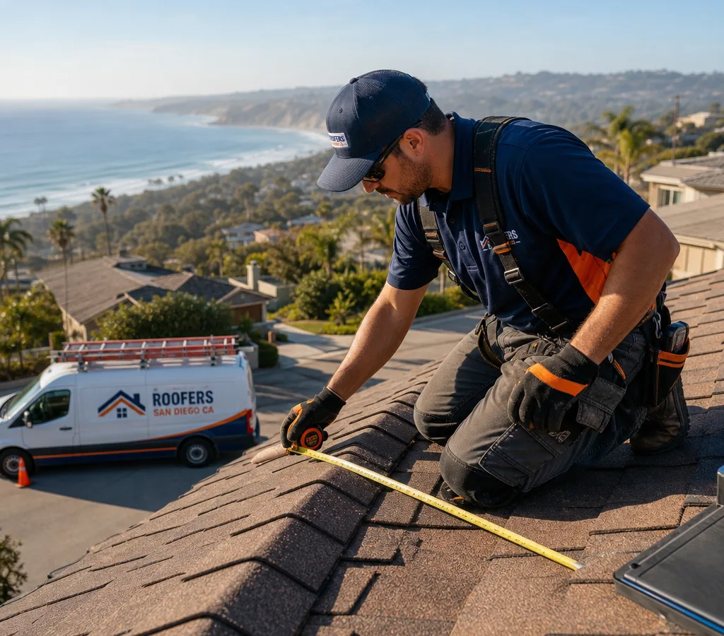 Roofer measuring roof planes and inspecting roofing near the ridge of a San Diego home