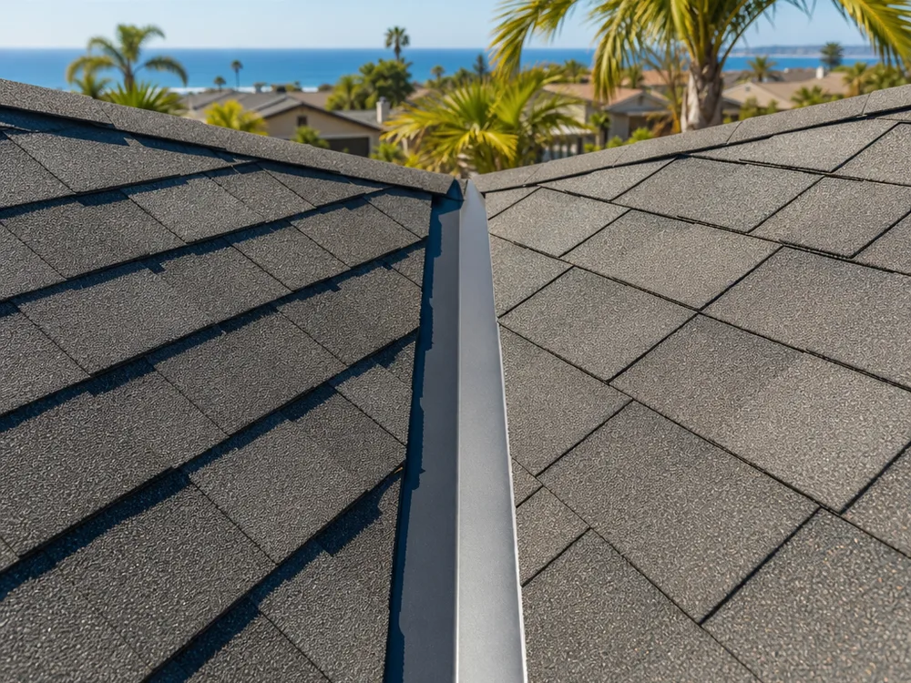 Completed reroof valley with clean metal flashing and properly aligned roofing material