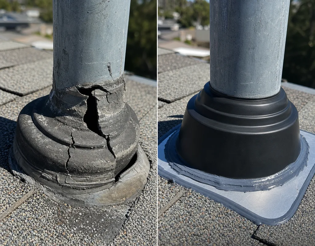 Before and after view of a failing pipe boot replaced with a correctly sized boot and sealed flashing