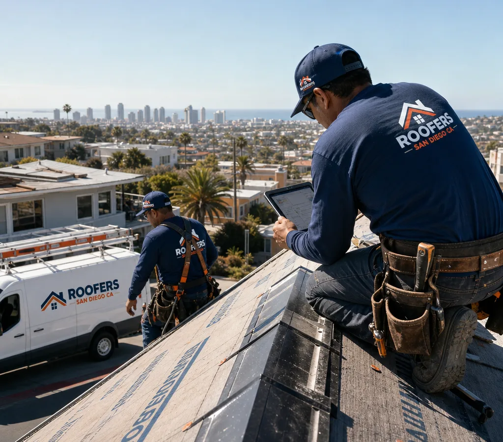 Roofing crew inspecting a pitched San Diego roof with underlayment and flashing visible