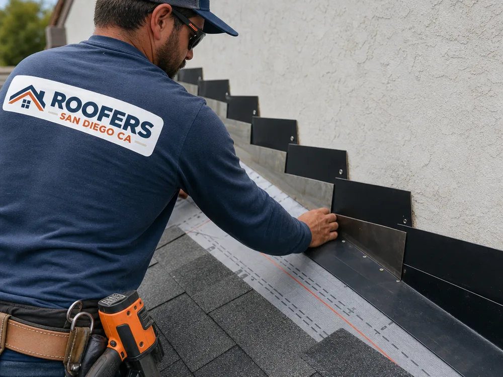 Roofer installing step flashing and underlayment at a wall-to-roof transition