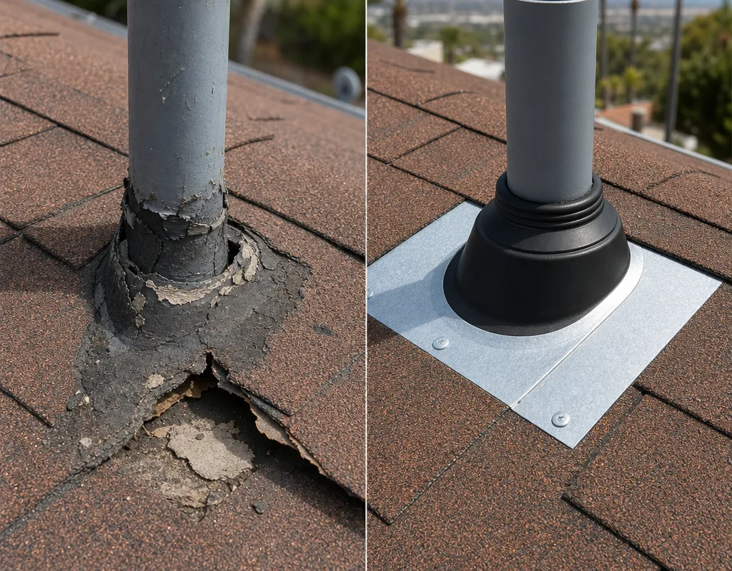Before and after roof repair around a vent penetration