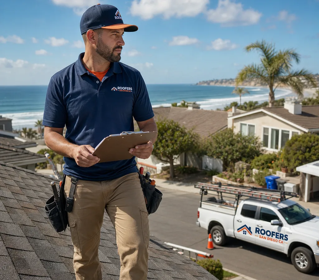 Roofing contractor inspecting an asphalt shingle roof on a San Diego home