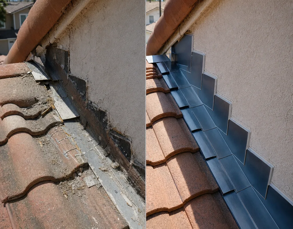 Before and after wall-to-roof transition repair with new step and counter flashing