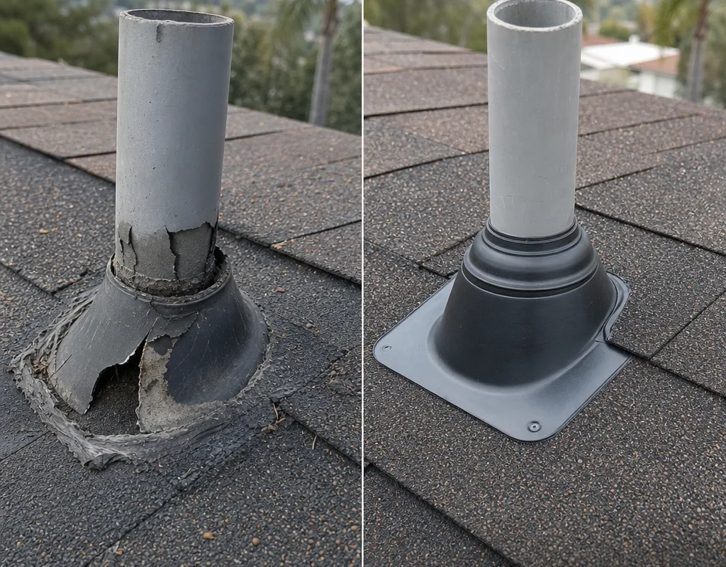 Before and after repair of a leaking vent penetration with new boot flashing and repaired shingles