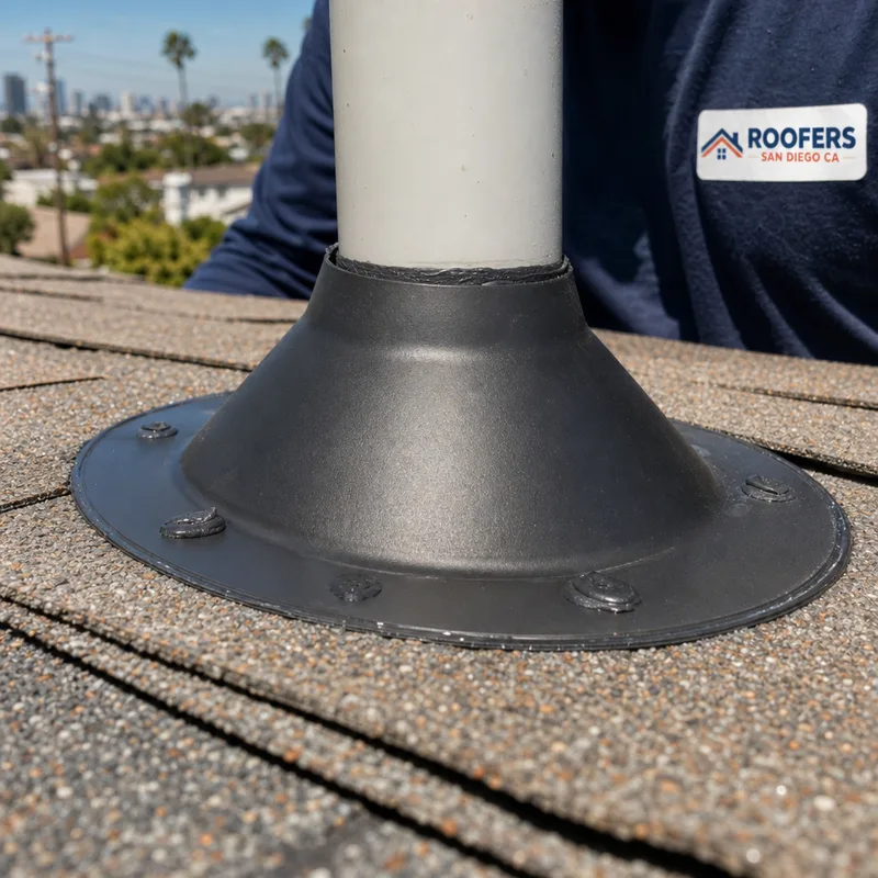 New pipe boot flashing integrated with surrounding shingles in bright sunlight