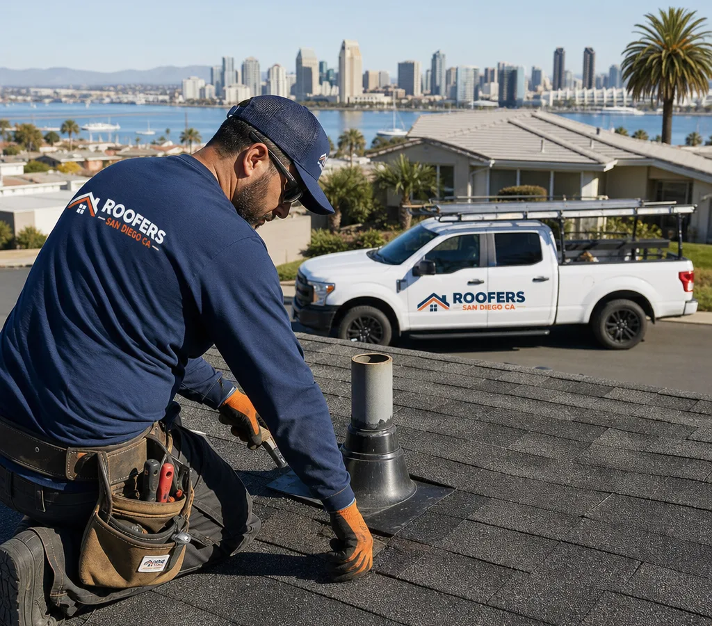 Roofer repairing vent flashing on an asphalt shingle roof
