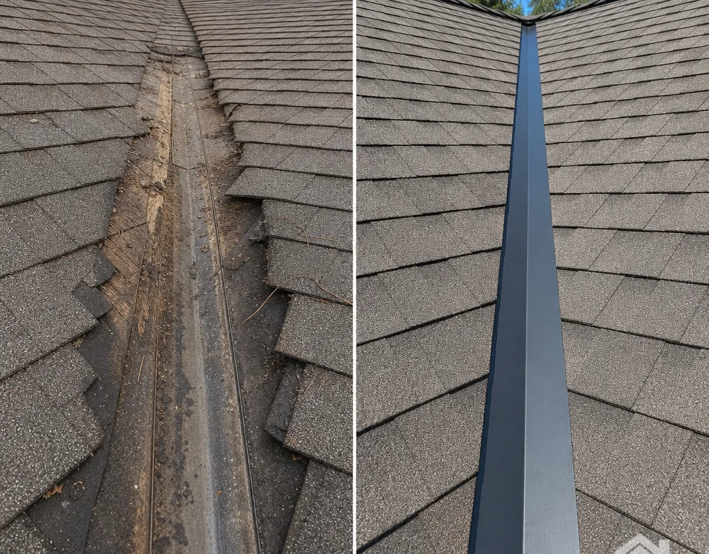 Before-and-after tile valley repair with clean valley metal and correctly cut, aligned tiles