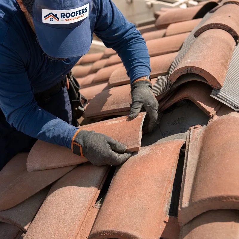 Technician carefully lifting adjacent clay tiles and placing a matching replacement tile