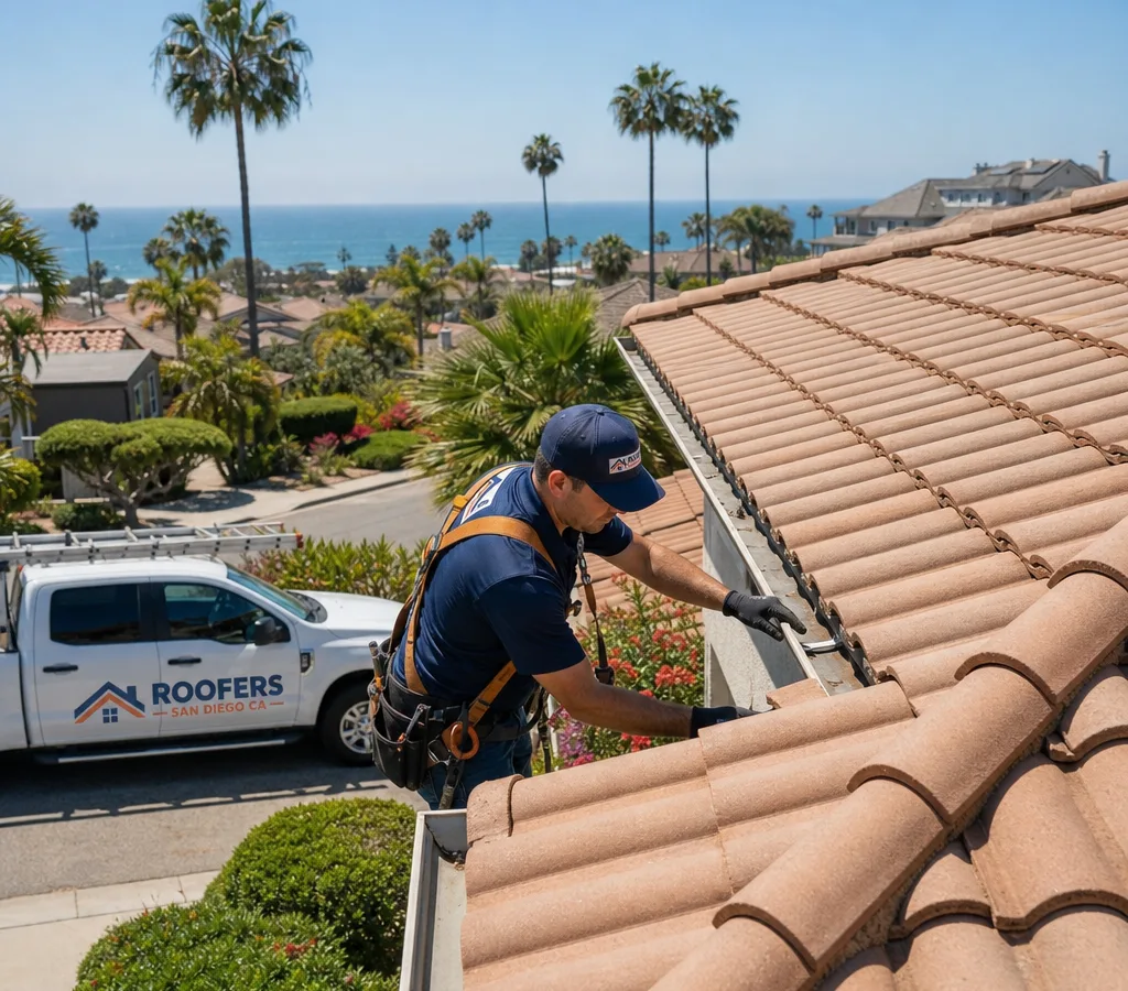 Roofer inspecting concrete roof tiles at the eave of a Southern California home