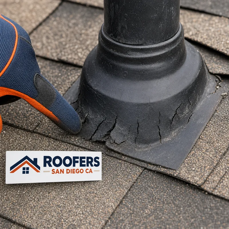 Cracked plumbing vent boot and surrounding roofing showing a typical leak source