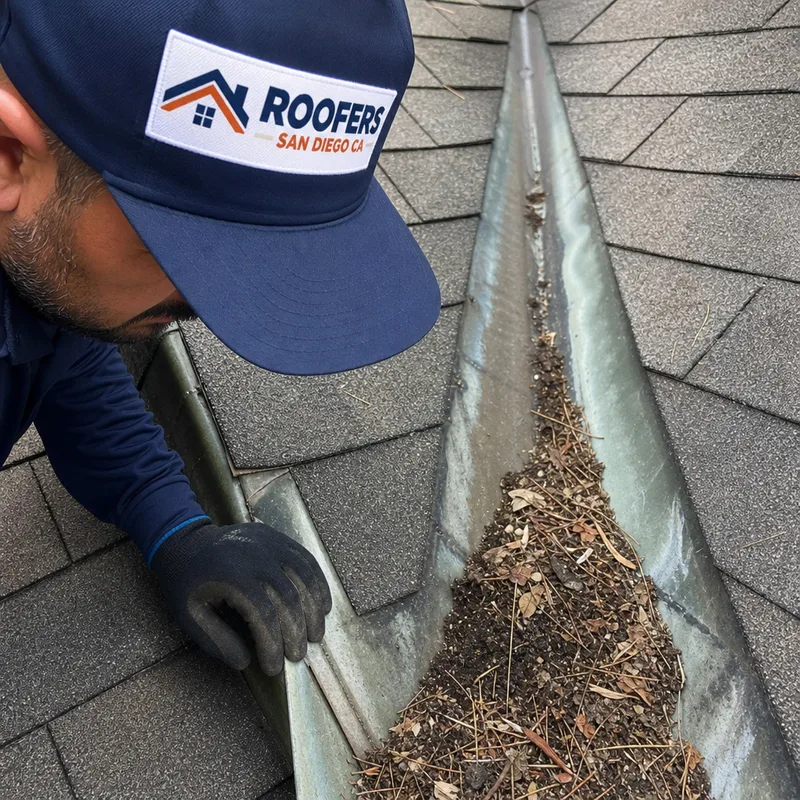 Roof valley with debris accumulation and visible metal edges