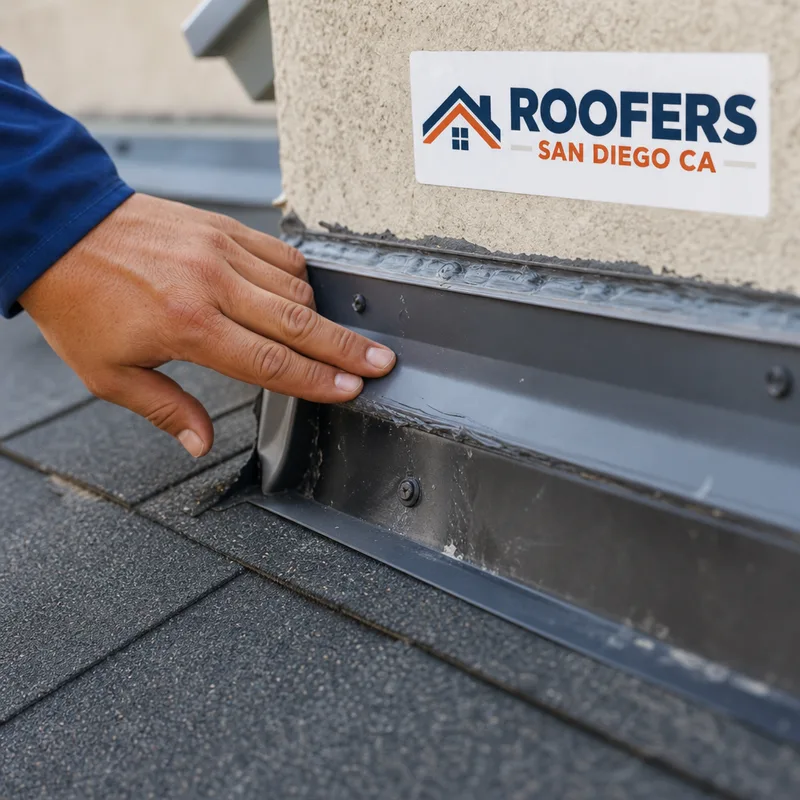 Roof wall-transition flashing, sealant lines, and fasteners documented during an inspection
