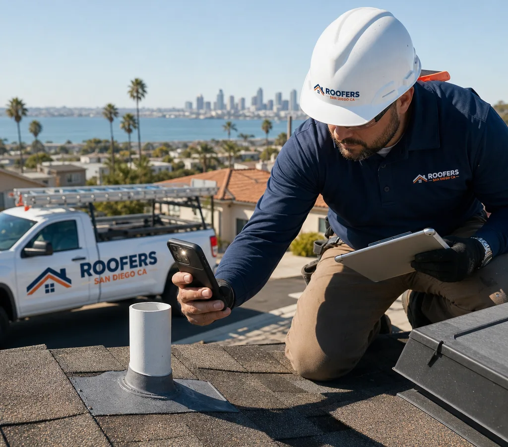 Inspector photographing shingles and flashing near a roof vent on a Southern California home