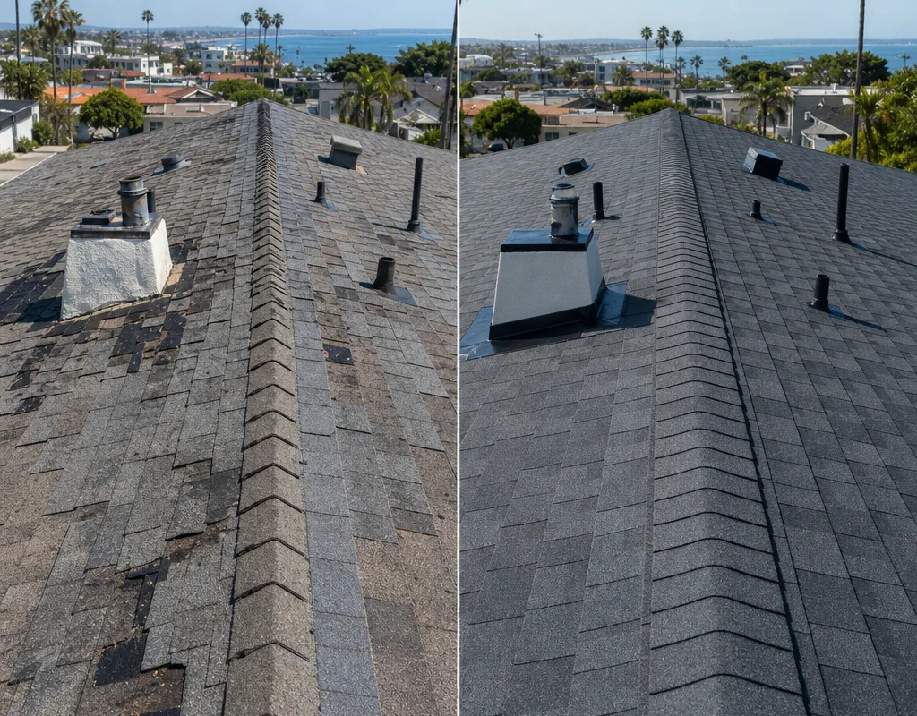 Before-and-after comparison of an aging composite-shingle roof replaced with new shingles, ridge lines, and flashing