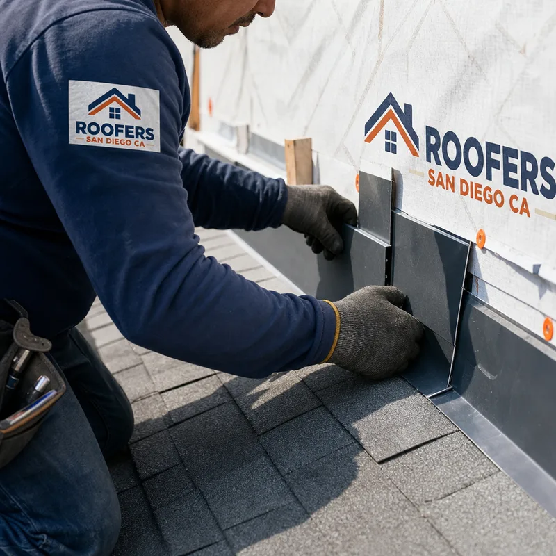 Roofer installing step flashing and underlayment at a roof-to-wall transition