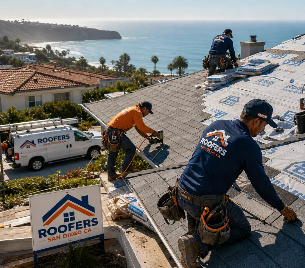 Crew installing new composite shingle roofing on a home with underlayment visible and tidy staging