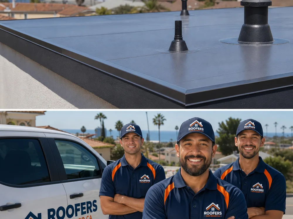 Completed low-slope roof replacement with clean edge metal, sealed penetrations, and visible drainage