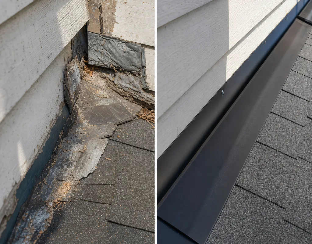 Before and after roof-to-wall transition with new metal panels and updated flashing