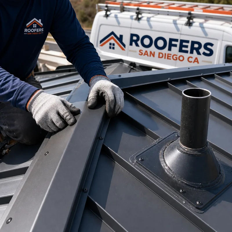 Standing seam panel with properly installed ridge cap and flashing at a pipe penetration