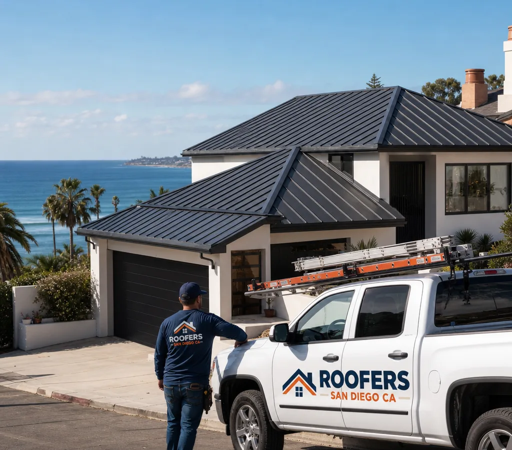 Finished standing seam metal roof on a San Diego home with clean ridge and flashing lines