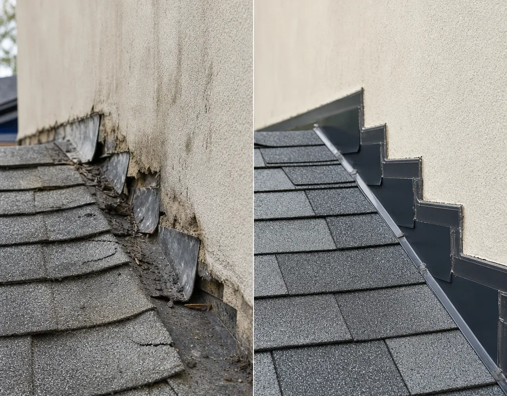 Before-and-after roof leak repair with new step flashing and replaced shingles at a wall transition
