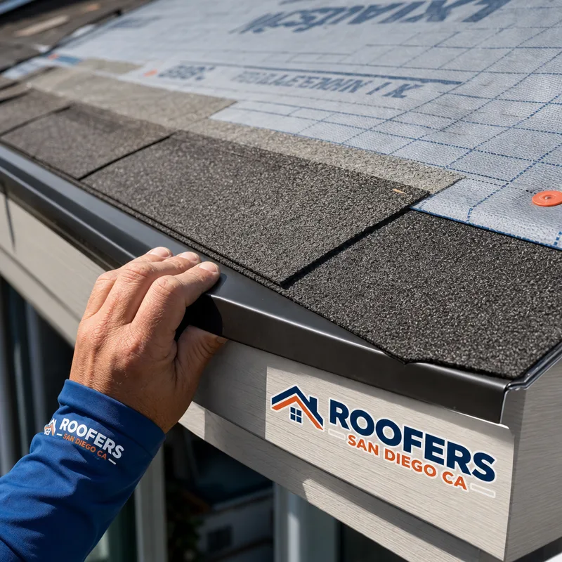 Close-up of properly installed drip edge, underlayment, and starter course on an asphalt shingle roof