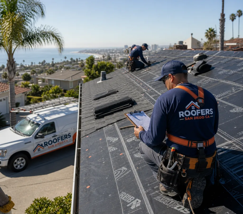 Residential roofing crew inspecting a San Diego home with safety gear, shingles, and underlayment visible