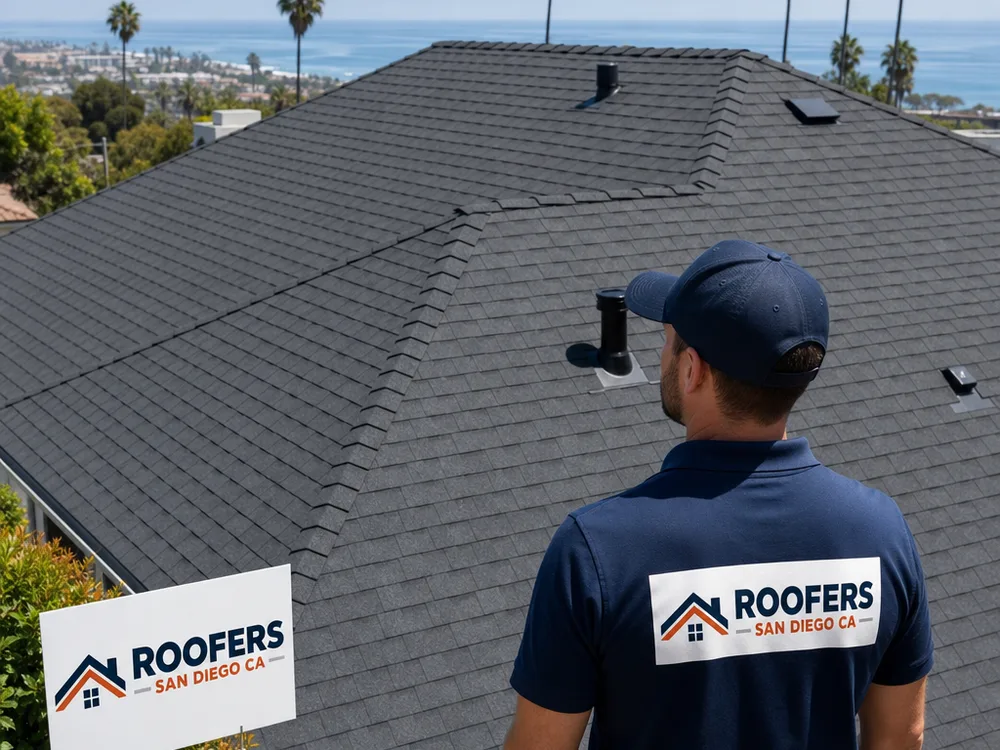 Completed residential re-roof with a clean ridge line, consistent shingles, and sealed vent penetrations