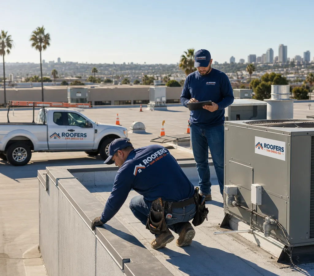Commercial roofing crew inspecting a low-slope San Diego roof near rooftop units and parapet edges