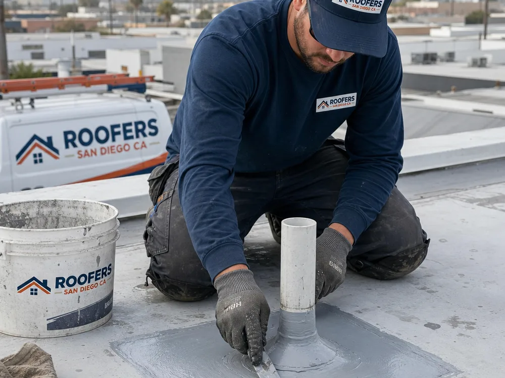 Detailed commercial membrane repair around a roof penetration with clean weld lines and compatible sealant