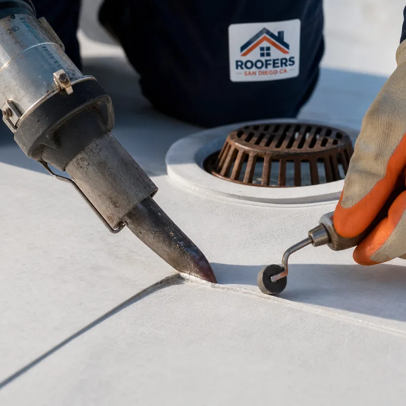 Commercial TPO roof seam being heat-welded and checked beside a low-slope roof drain