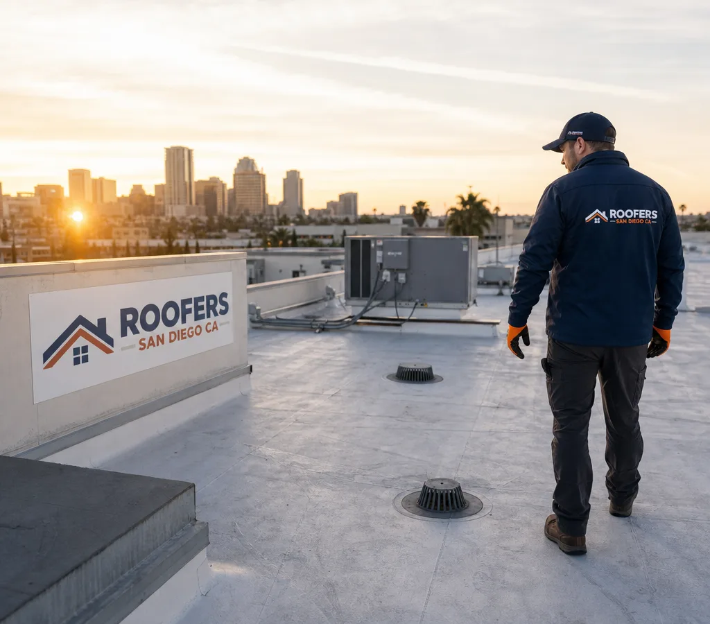 Commercial flat roof in San Diego with HVAC units, roof drains, and a technician performing a sunrise inspection