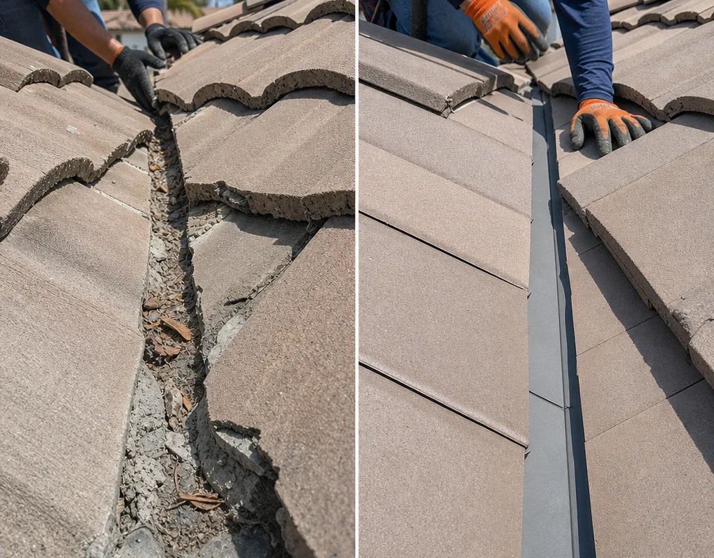 Before and after repair of cracked roof tiles and flashing in a debris-filled valley