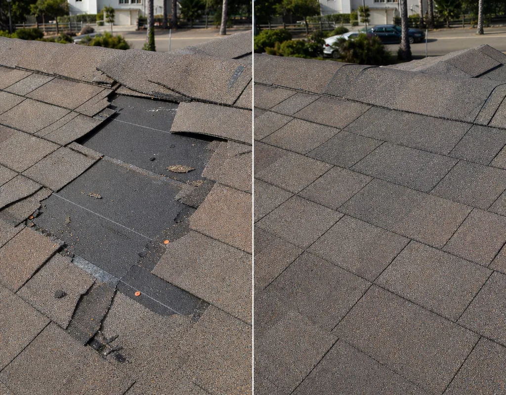 Before and after repair of missing shingles with matching shingles and sealed edge details