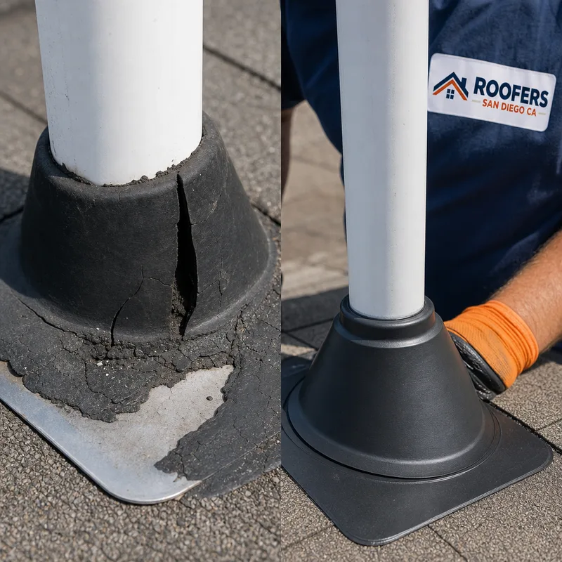Failed pipe boot and cracked sealant beside a completed replacement boot and integrated flashing