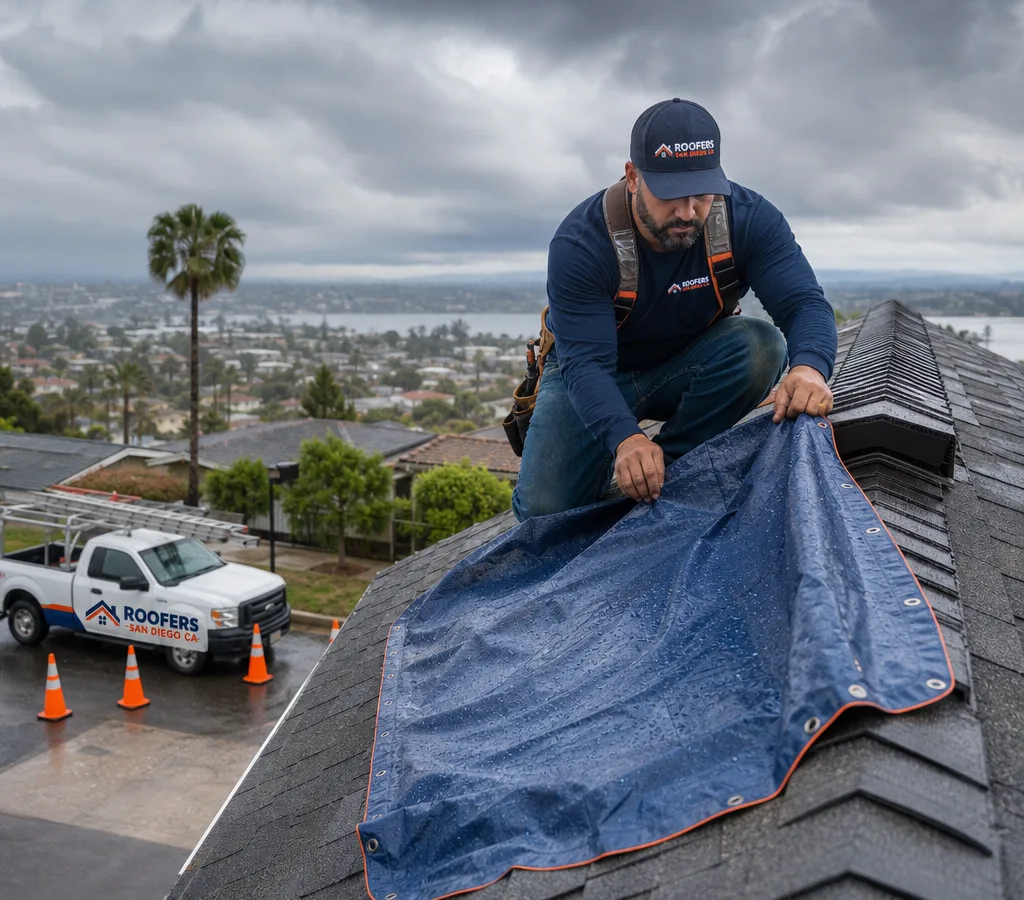 San Diego roofer installing a temporary waterproof tarp over a roof leak near a ridge vent