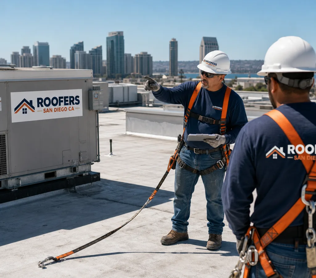 Commercial roofing crew inspecting a low-slope San Diego roof near rooftop HVAC units with safety lines in place