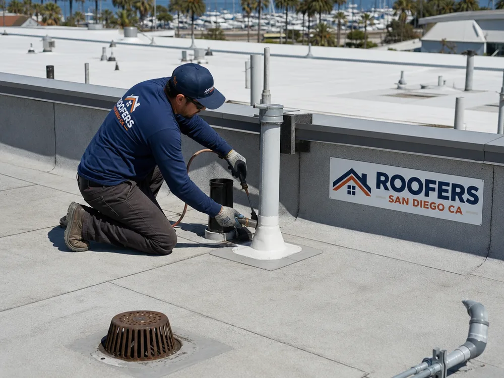 Commercial low-slope roof with membrane field, parapet edge, drains, scuppers, vents, and conduit penetrations