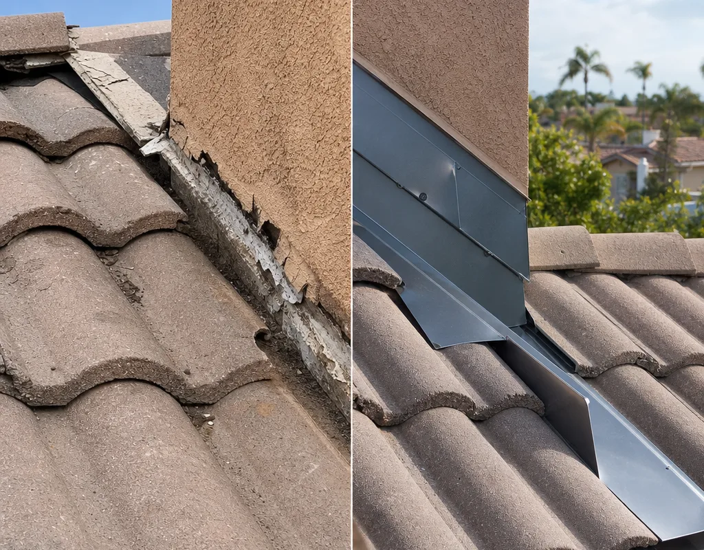Before and after roof-to-wall repair with layered step flashing and kick-out flashing at a stucco eave