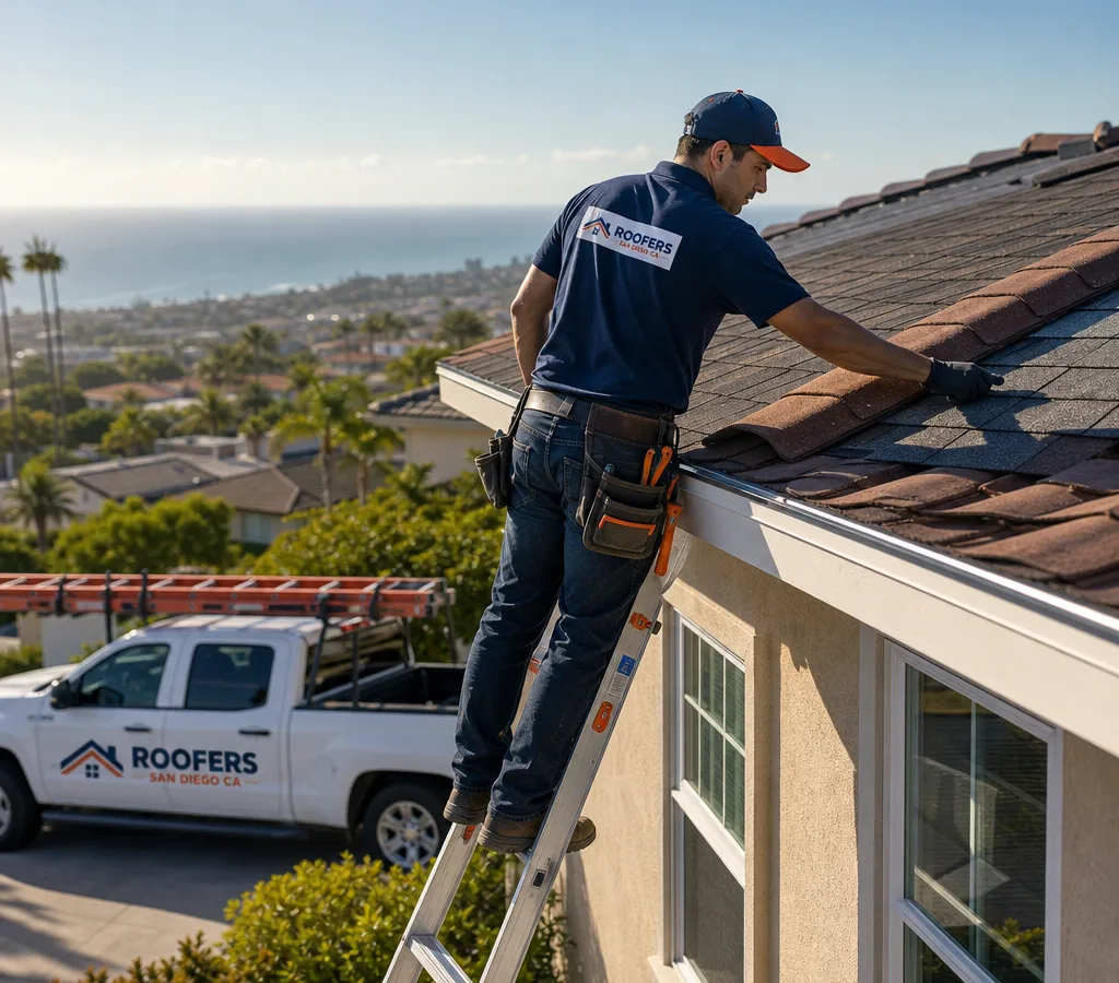 Residential roofer inspecting a pitched roof using a safely positioned ladder