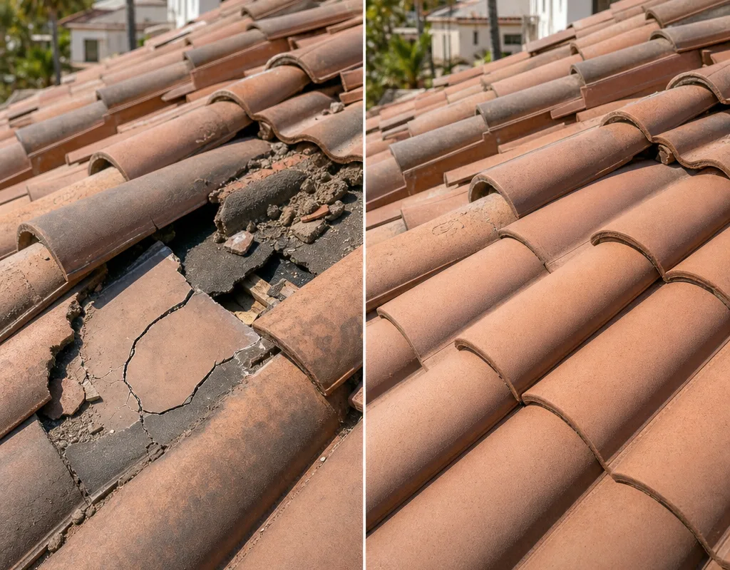 Before and after view of cracked tiles replaced and aligned on a tile roof