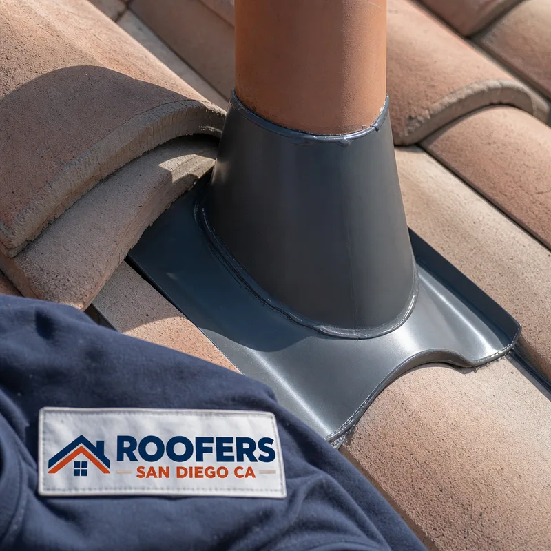 Properly integrated pipe flashing with surrounding roof tiles reset