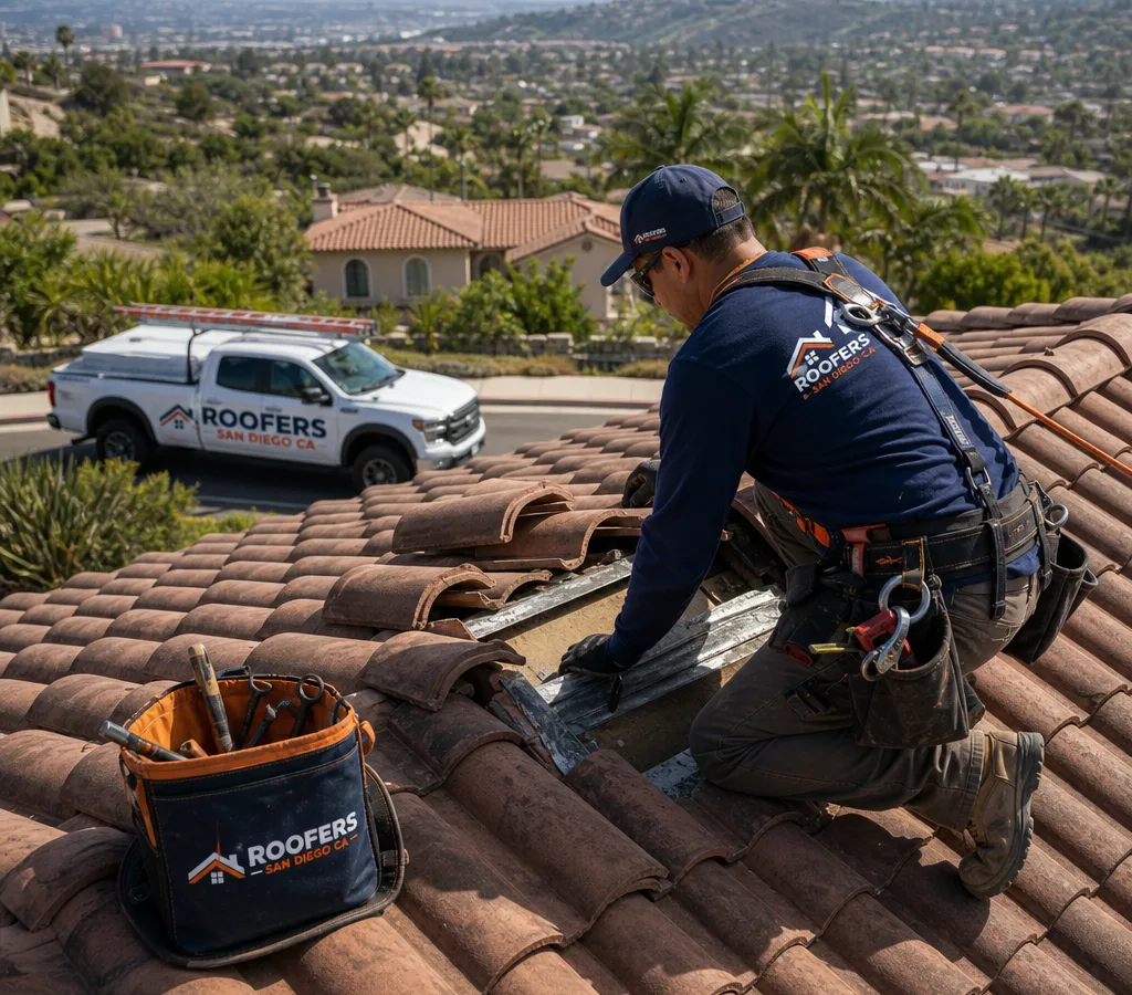 Technician inspecting tile, flashing, and a valley on a San Diego tile roof