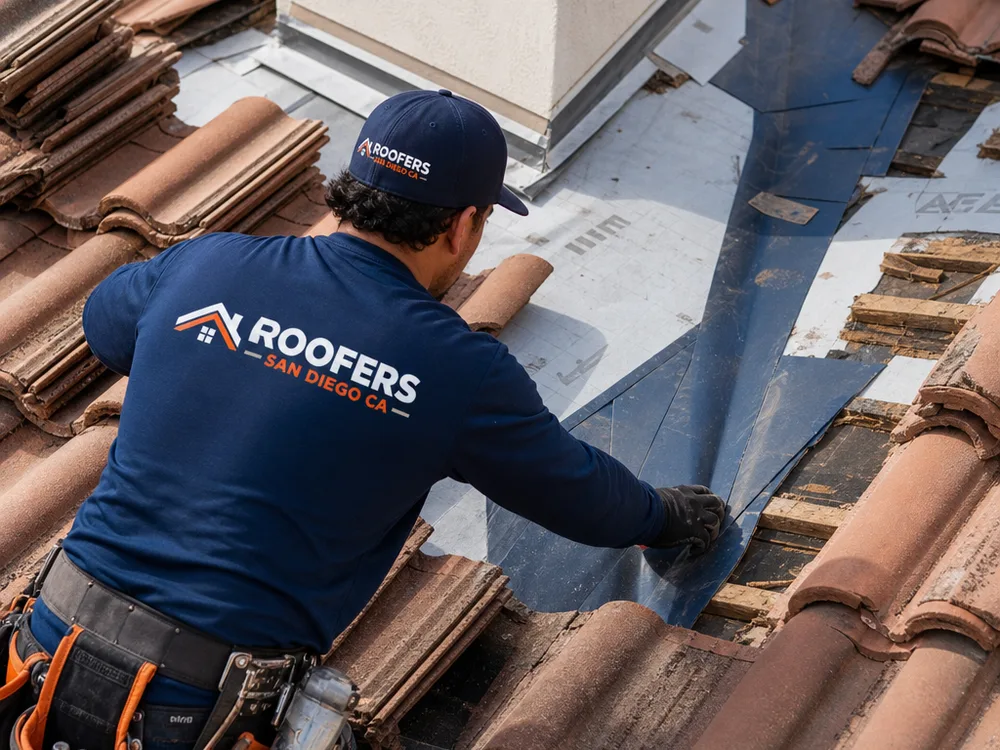 Tile roof repair exposing underlayment and valley flashing with tiles staged for reinstallation