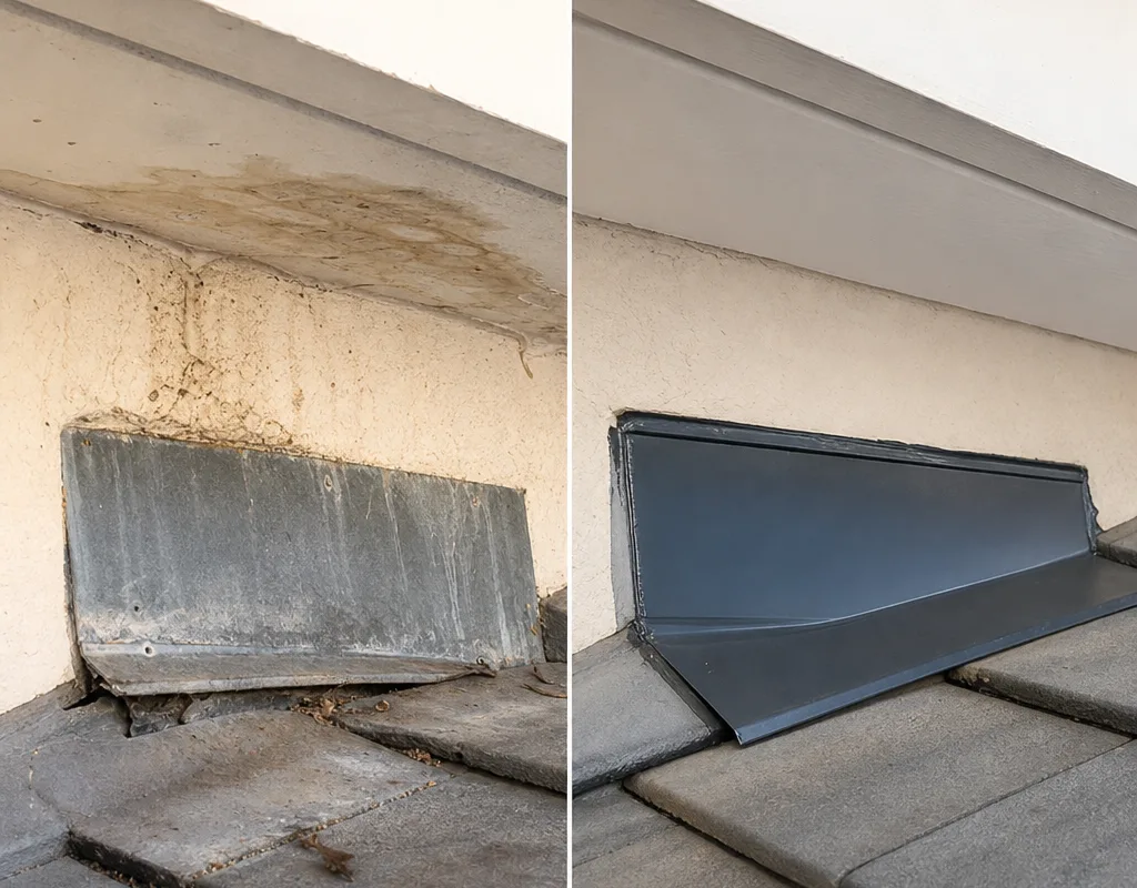 Before and after view comparing an interior ceiling stain with the repaired exterior roof flashing detail