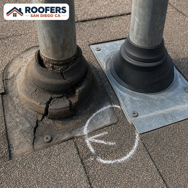 Deteriorated pipe boot beside intact flashing with chalk marks identifying a suspected roof leak entry point